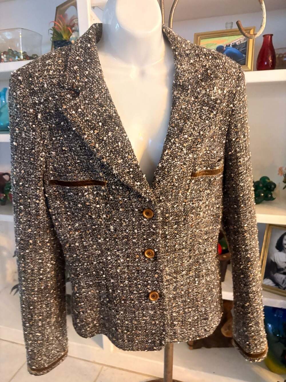 D. Exterior Tweed Blazer Jacket Brown Multi Velvet Trim